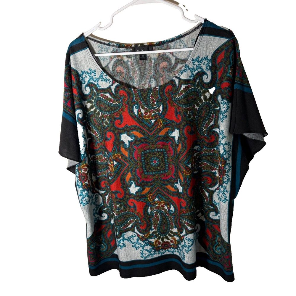 AGB Blouse Women's 3X Colorful Scoop Neck Short Sleeve Knit Top Artsy